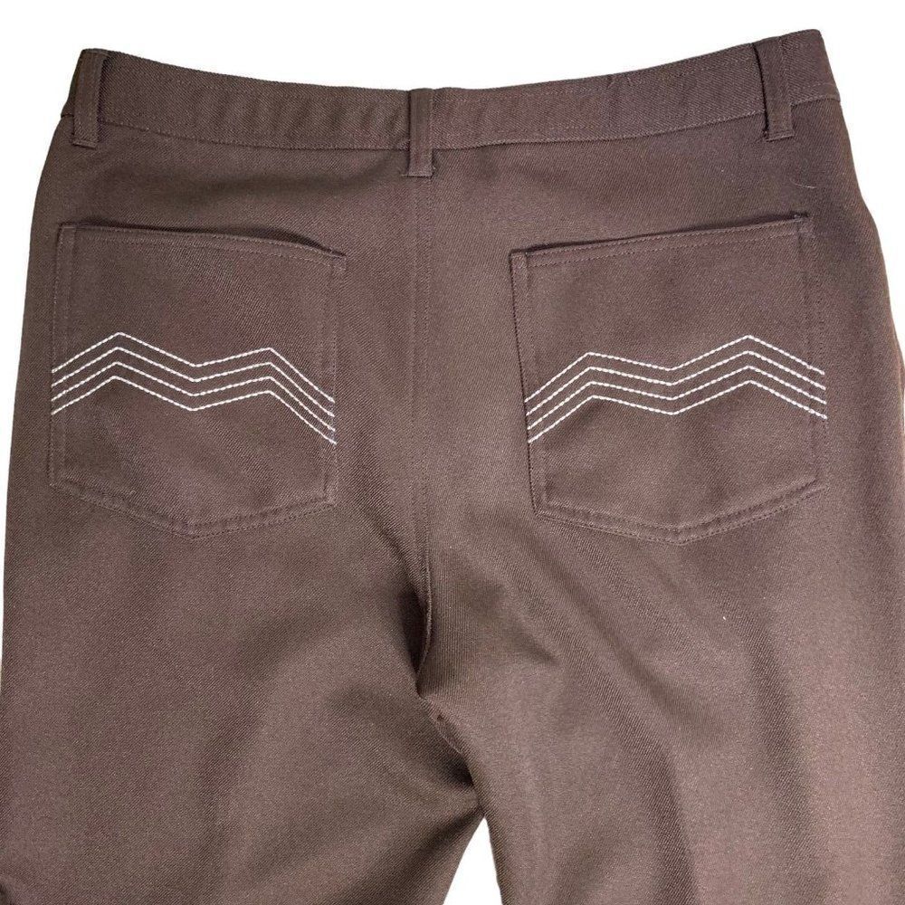 Vintage 70s Straight Leg Knit Pants 34 Brown Embroidered Pockets Zip Belt Loops